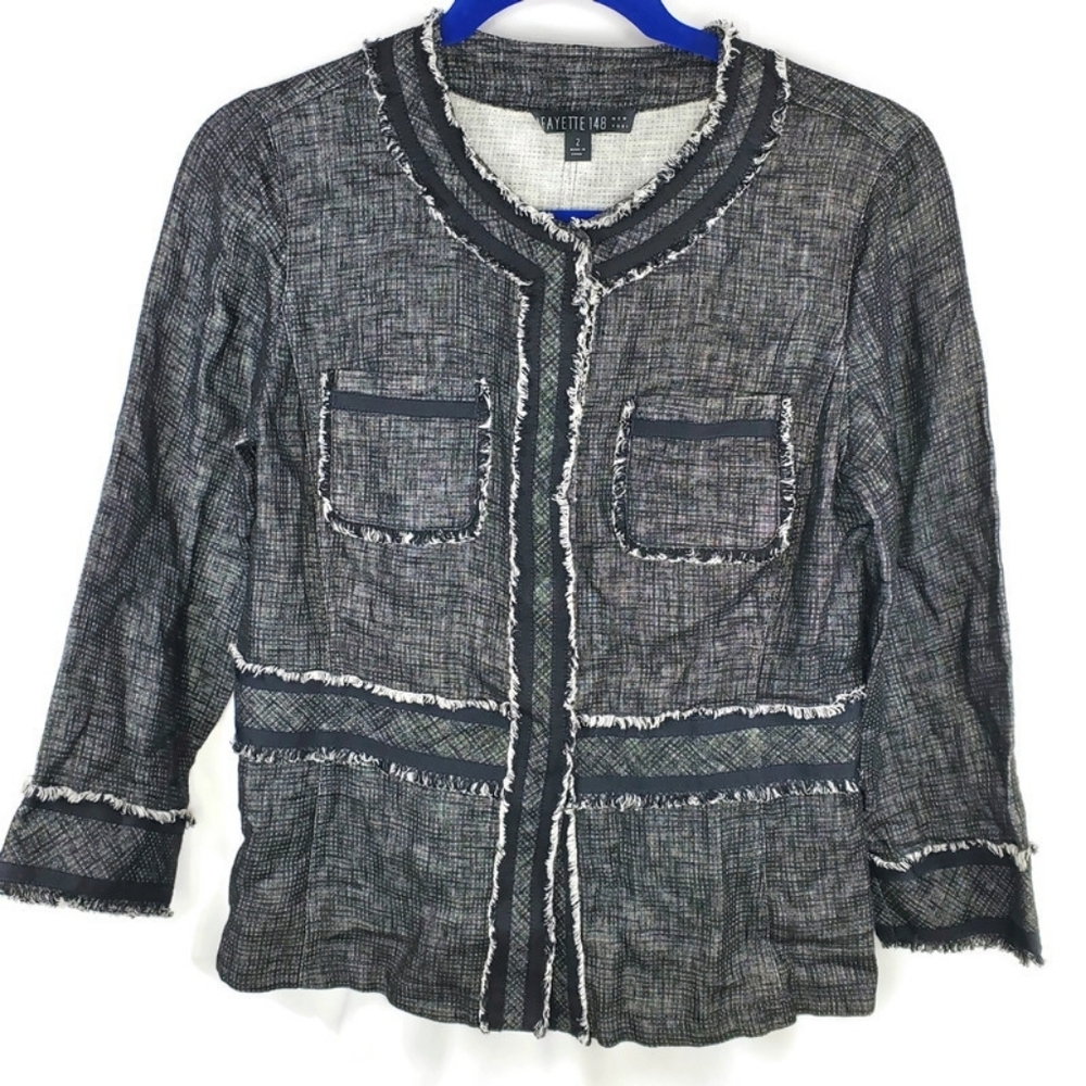 Lafayette 148 Linen Blend Fringe Snap Front Jacket Black White Lightweight Sz 2